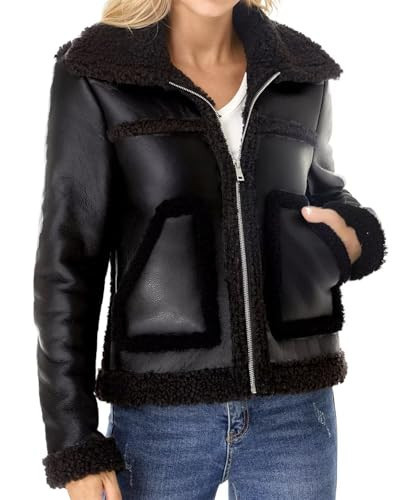 WYOYW Faux Fur Leather Jacket Women Sherpa Lined Shearing Coat Black L | Amazon (US)
