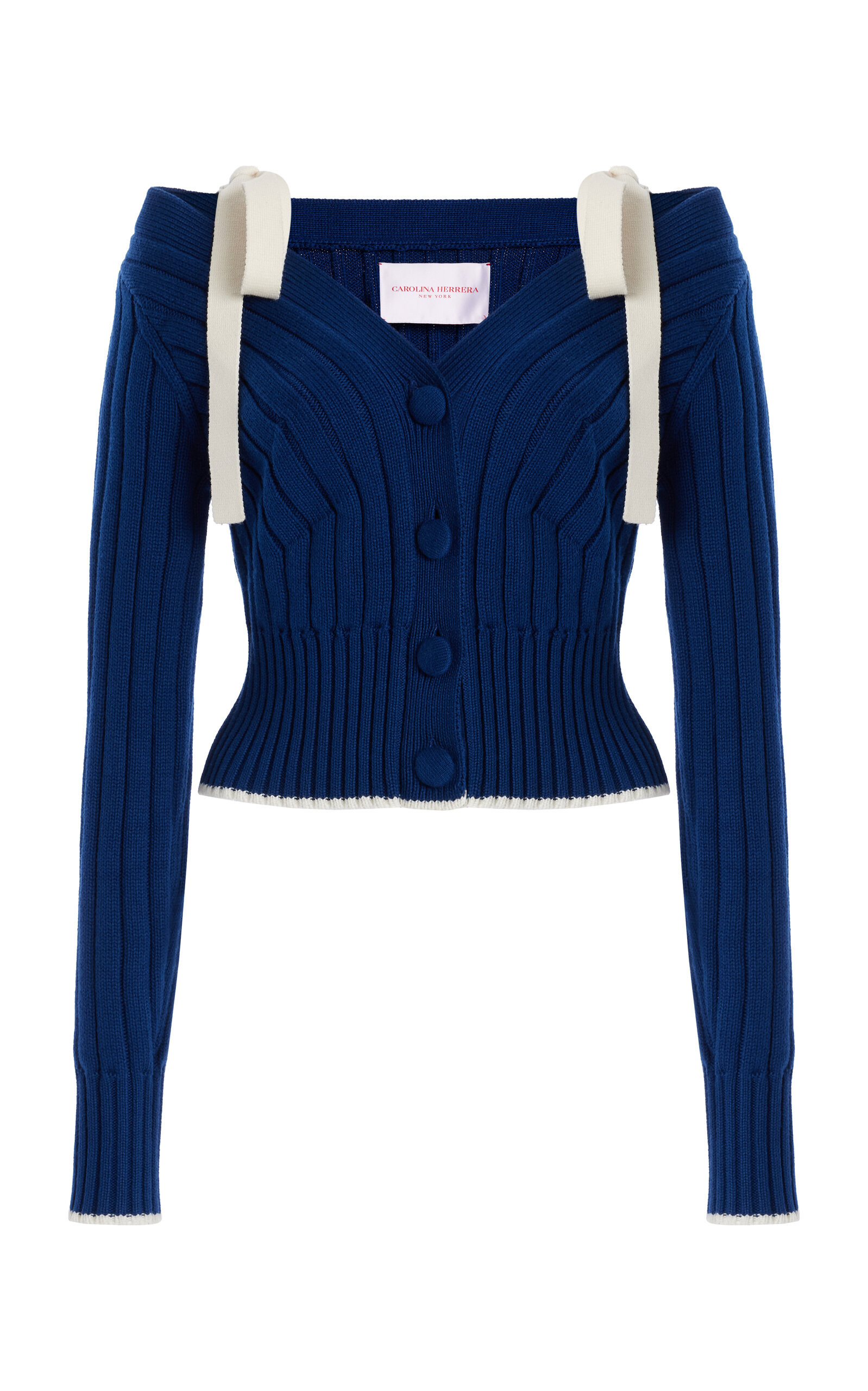 Carolina Herrera - Tie-Detailed Knit Cotton-Wool Off-The-Shoulder Cardigan - Navy - L - Moda Operandi | Moda Operandi (Global)