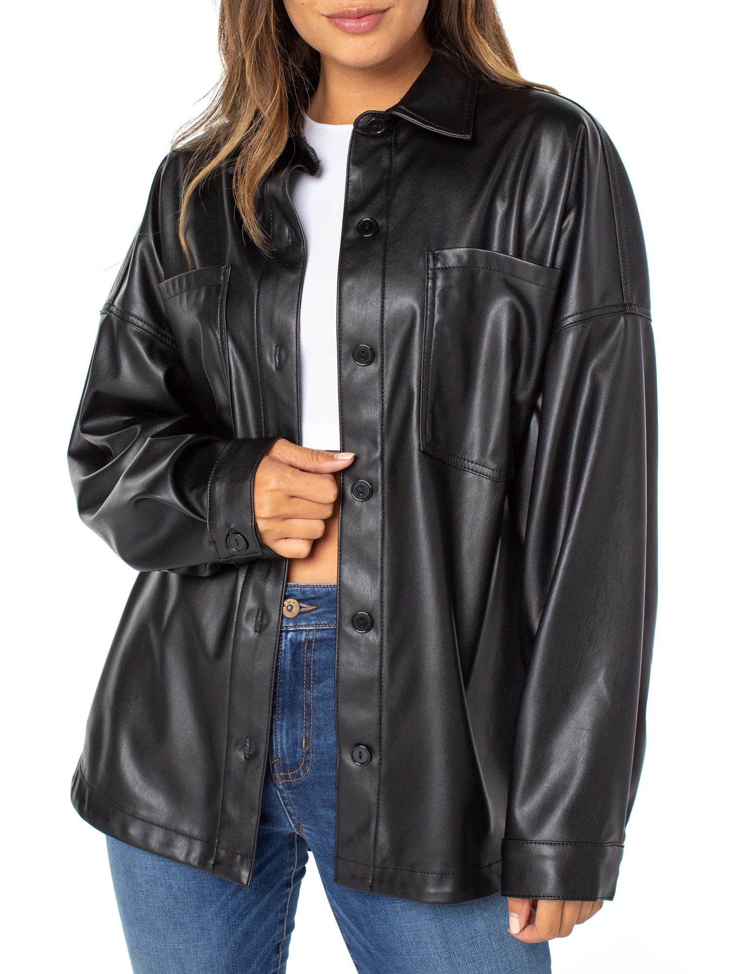 Celebrity Pink Women's Pleather Shacket - Walmart.com | Walmart (US)