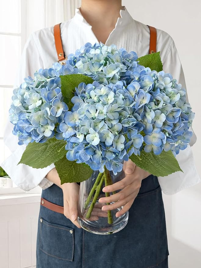 Blue Faux Hydrangea Flowers for Decoration,4Pcs 20" Real Touch Lifelike Faux Flowers, Full Fake A... | Amazon (US)