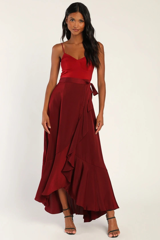 Double Darling Burgundy Color Block Satin Ruffled Maxi Dress | Lulus