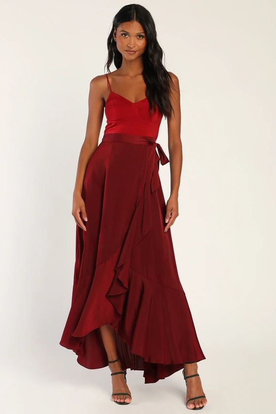 Double Darling Burgundy Color Block Satin Ruffled Maxi Dress | Lulus (US)