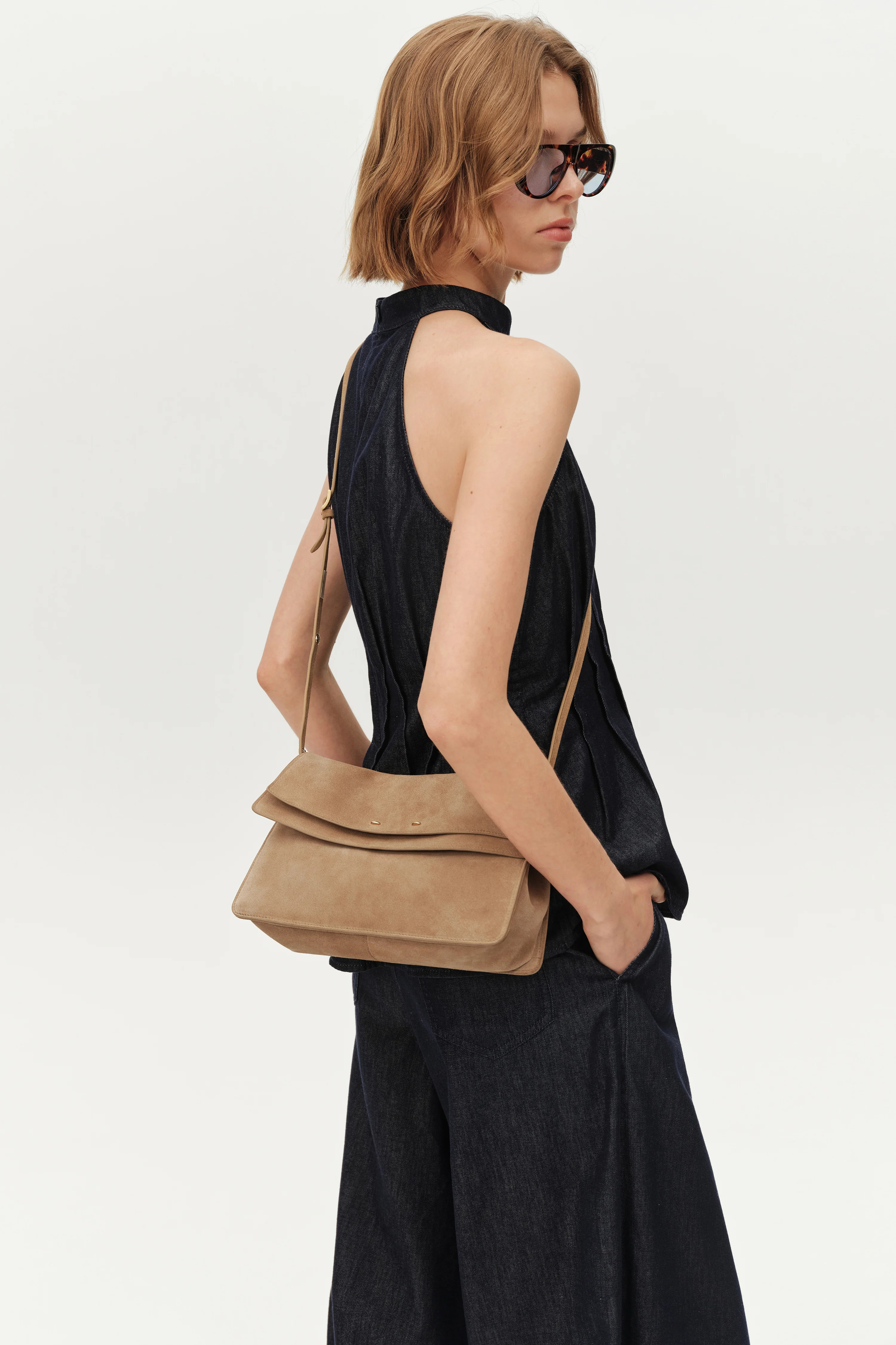Soft Rialto Double-Flap Shoulder Bag in Soft Velvety Suede | Fabrique