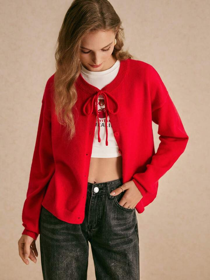 Poéselle Women's Red Lace-Up Cardigan Solid Color Simple Casual Tie-Front Cardigan Fall Women Cl... | SHEIN