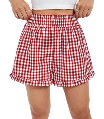 Gingham Boxer Shorts for Women Y2k Ruffle Hem Plaid Pajama Shorts High Waist Elastic Lounge Checkered Bottoms(Red,M) | Amazon (US)