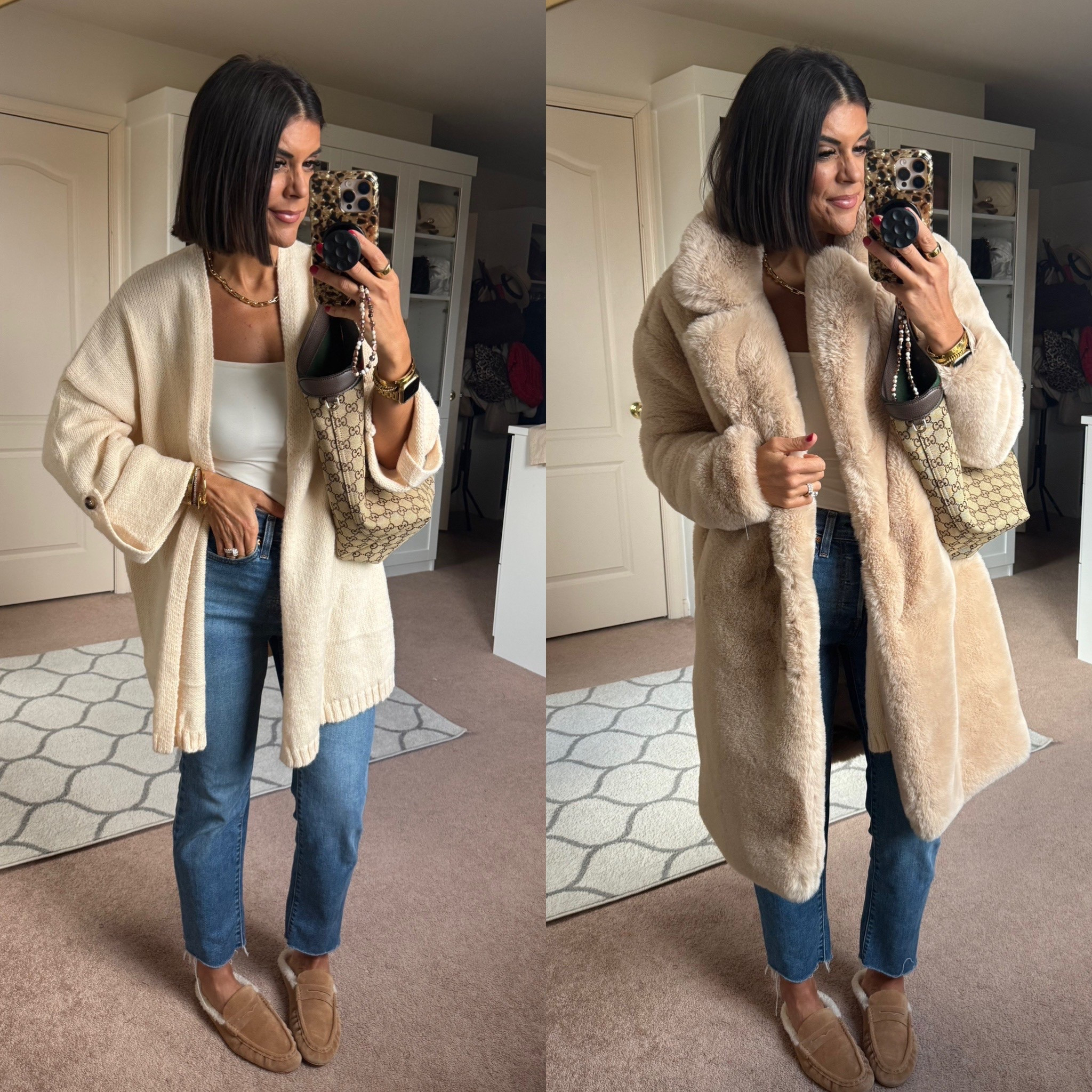 Size small in cardigan an tank, size small/med in fur Size 27 in Levi jeans (sized up one)

#LTKSeasonal #LTKFindsUnder100