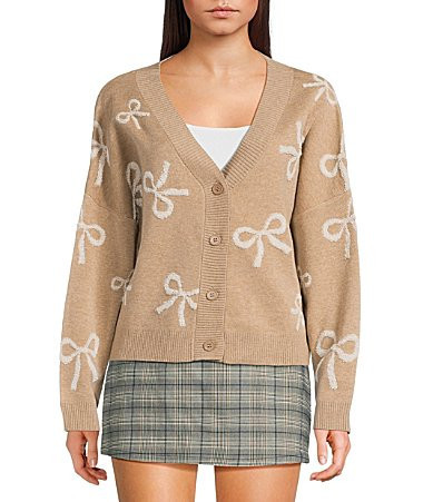 Originality Bow Print Long Sleeve Boxy Cardigan - M | Dillard's
