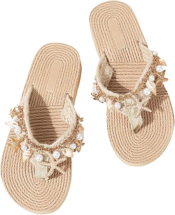 Verdusa Women's Summer Flip Flops Seashell Beach Shoes Boho Starfish Pearl Rhinestone Thong Open ... | Amazon (US)