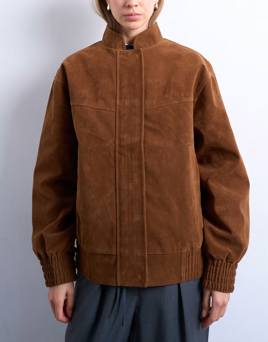 Topshop faux suede bomber jacket with funnel collar in tan-Brown | ASOS (Global)