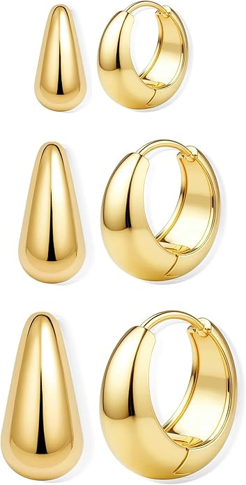 BESTEEL 3Pairs 14K Gold Plated Hoop Earrings Set for Women Chunky Earring Silver Plated Hypoaller... | Amazon (US)