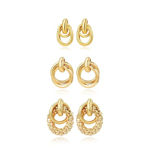 Xeyai Gold Chunky Earrings Set for Women, Gold Geometric Drop Dangle Earrings for Women, Gold Knot Link Drop Dangle Earrings Trendy Jewelry Gift, 14K Gold Plated Twisted Earring Hypoallergenic | Amazon (US)