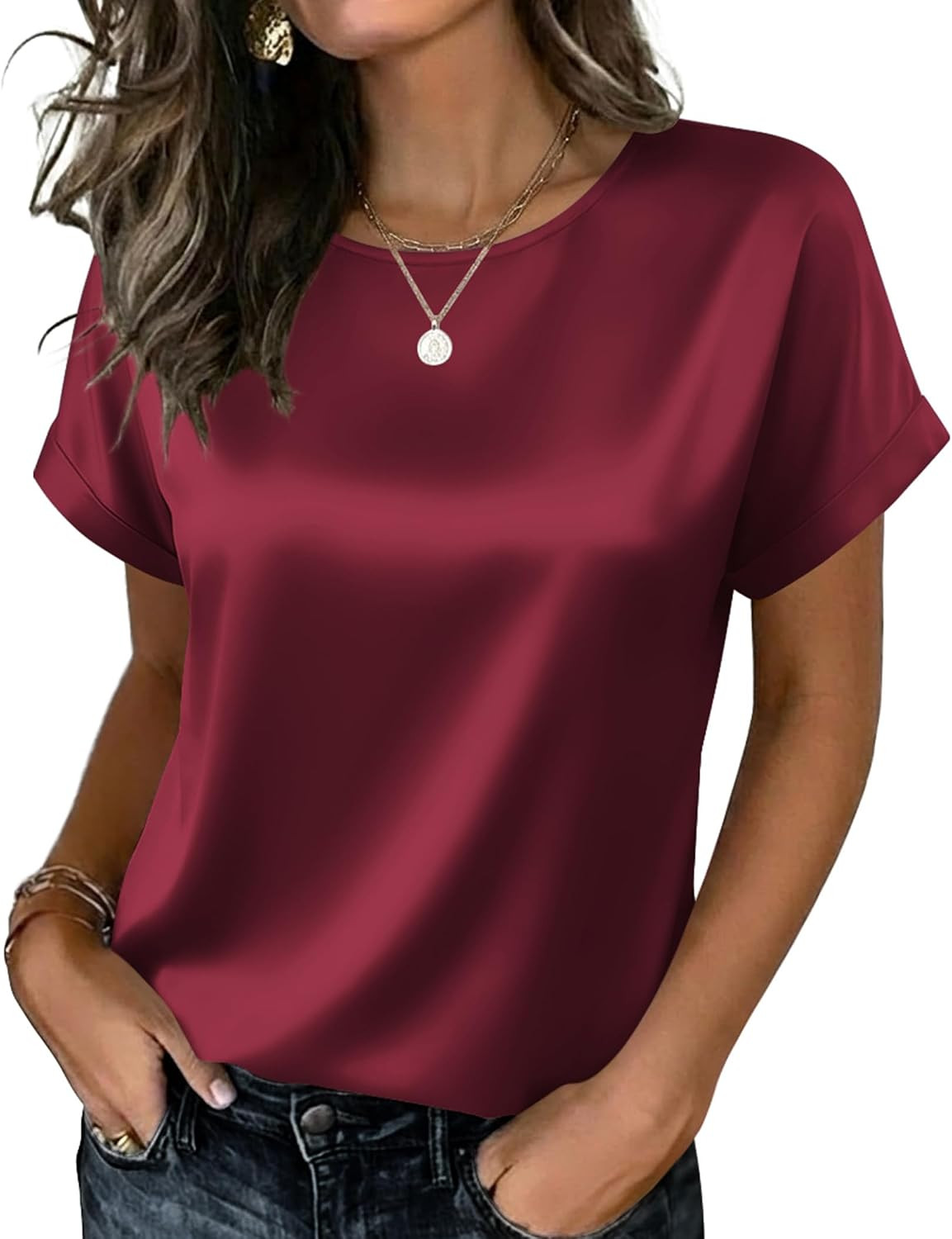 Zeagoo Satin Silk Blouses Short Sleeve Crewneck Top for Women Dressy Casual | Amazon (US)