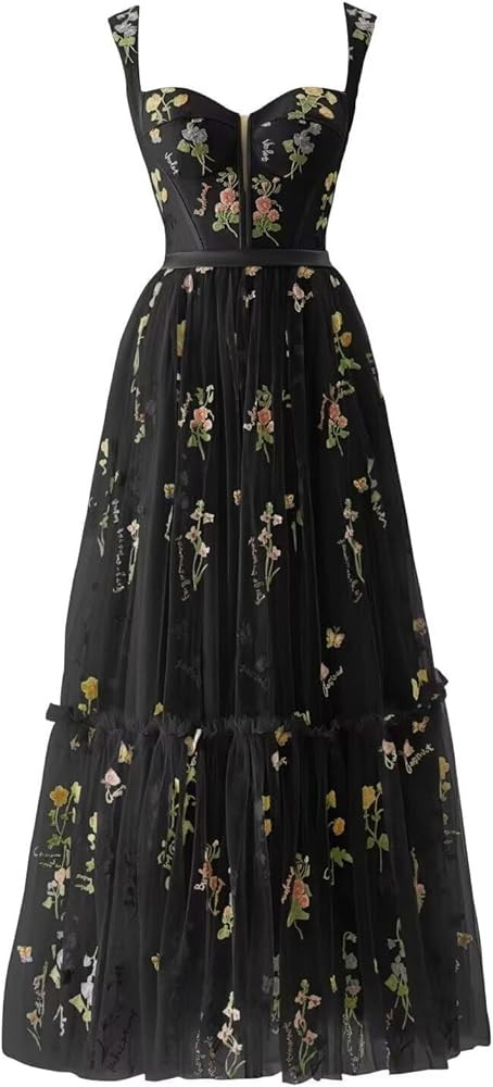 Embroidery Floral Prom Dresses for Women Tea Length Flowy Tulle Corset V Neck Modest Formal Party... | Amazon (US)