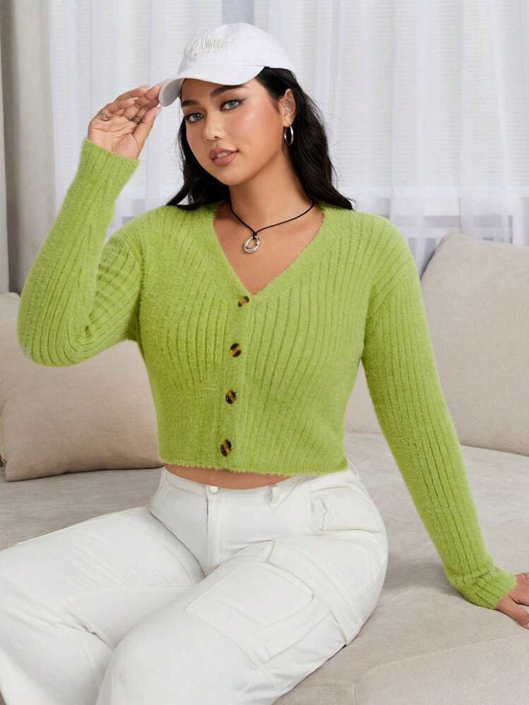 SHEIN EZwear Plus Ribbed Knit Button Front Crop Cardigan | SHEIN