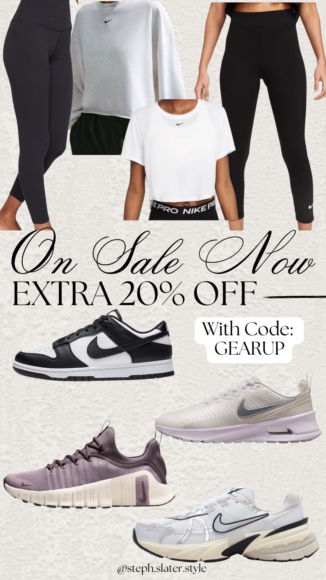 Select Nike apparel and shoes are an extra 20% off with code: GEARUP

#LTKSaleAlert #LTKActive #LTKfitnessgoals