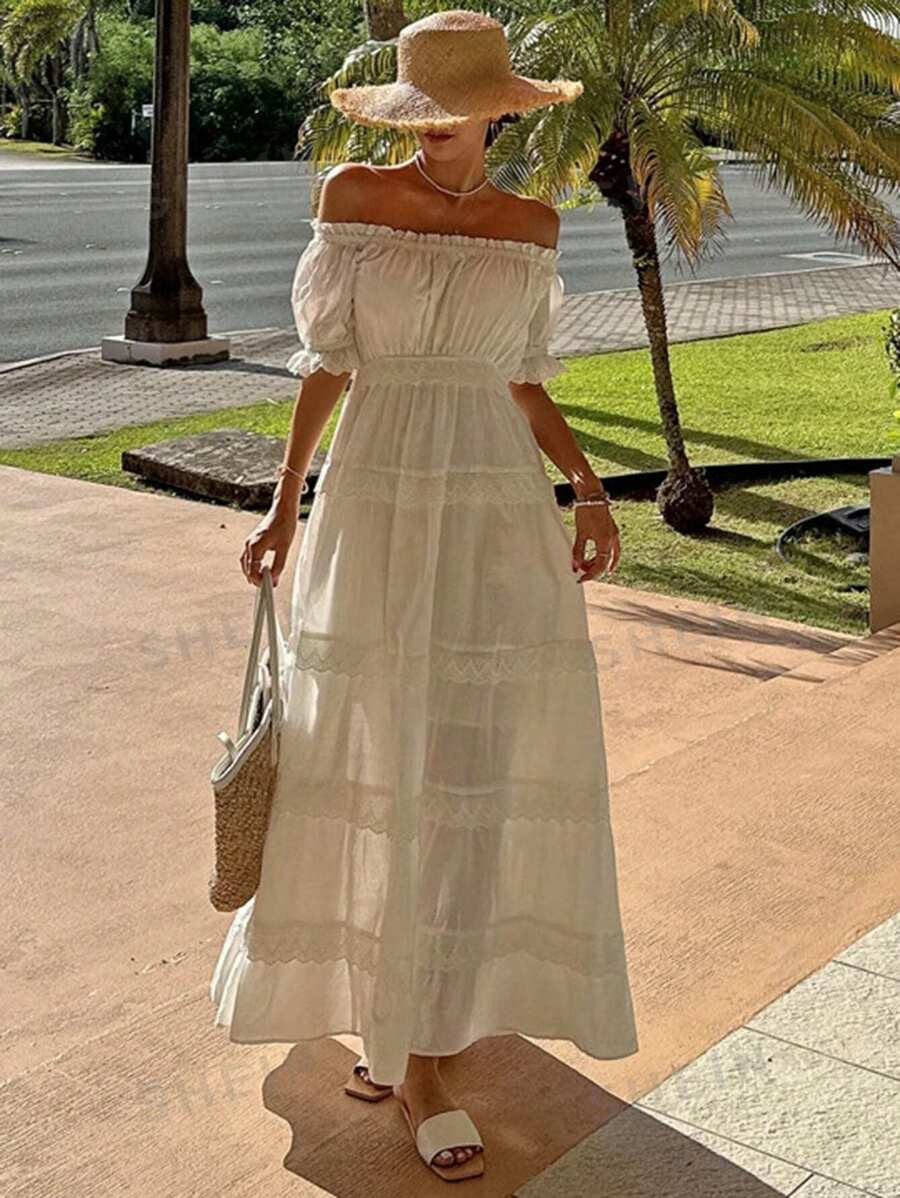 DAZY Women Holiday Casual Solid Color Off Shoulder Long Lace Spliced Dress | SHEIN