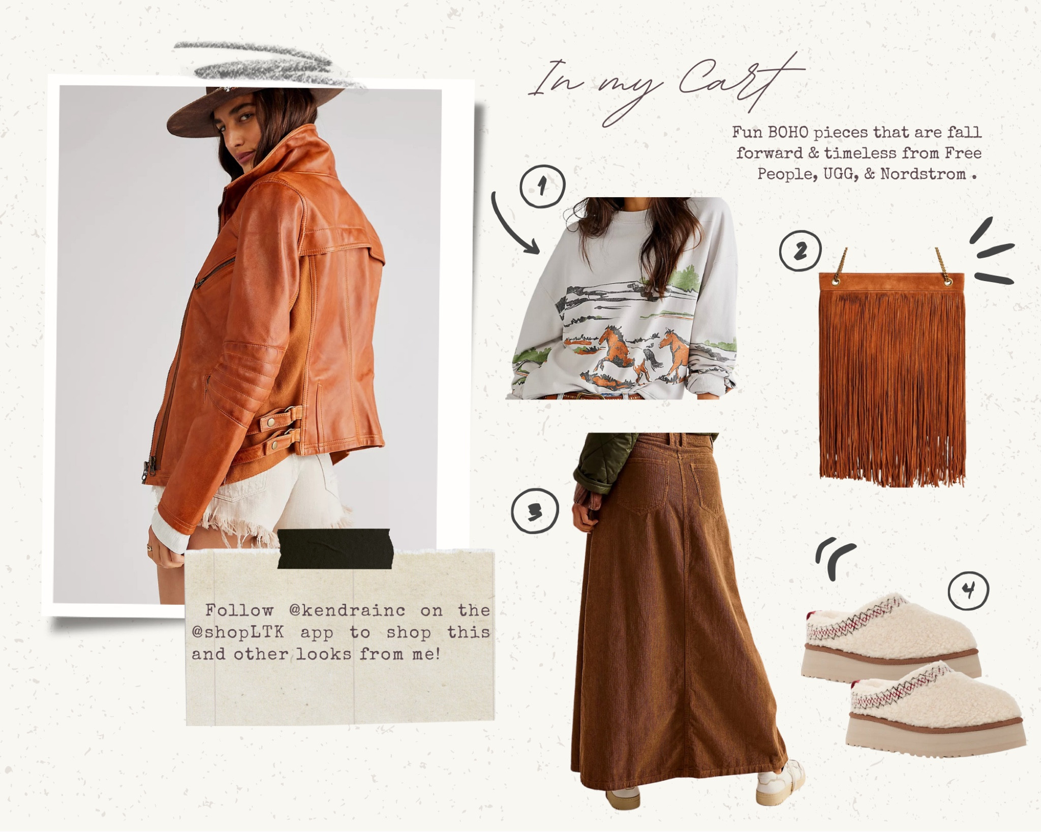 A boho inspired look that will turn heads this fall! Beautiful pieces from Ugg, Free People, Nordstrom & more. Long skirts are back in style and always pair well with a jacket, sweatshirt, and comfy shoes!

Leather Jacket
Free People
Corduroy Skirt
Ugg Slippers
Fringe Purses 
Fall Attire 
Fall Fashion

#LTKstyletip #LTKSeasonal #LTKshoecrush
