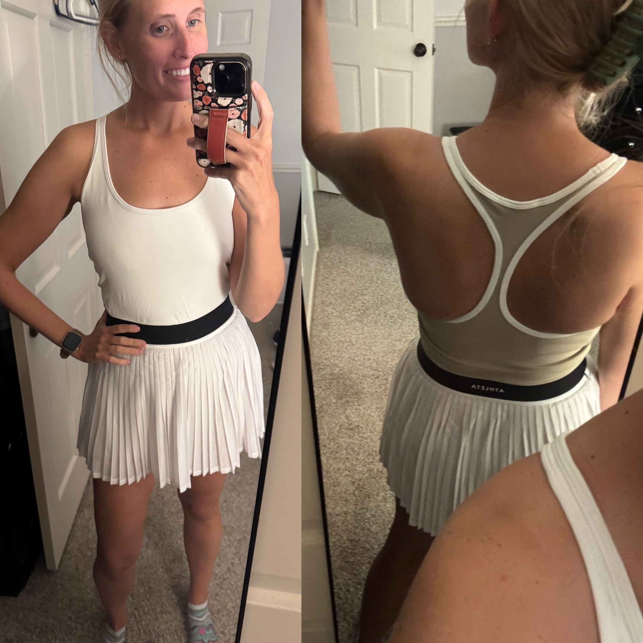 Wearing a medium in this athletic power serve tank dress! Comes with a built-in bra and built-in shorts!!