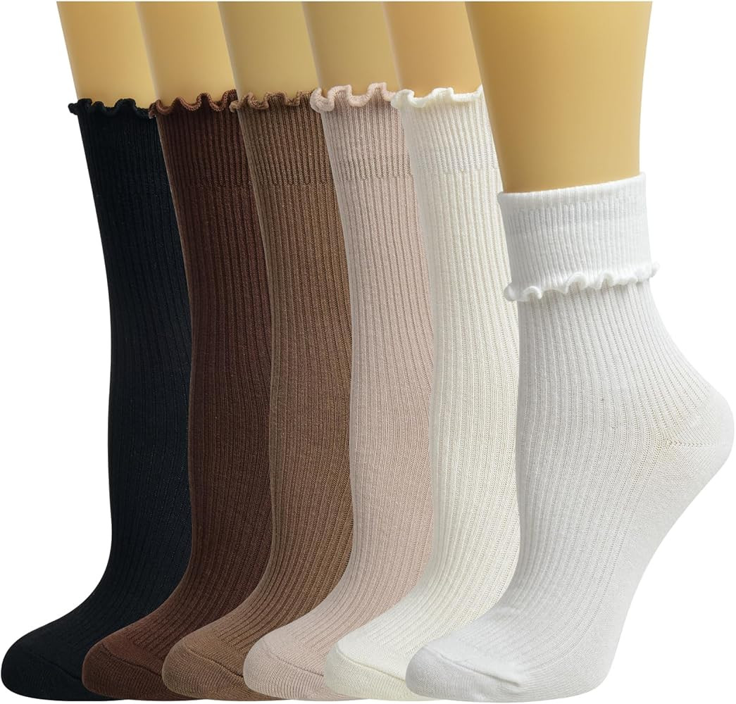 Gellwhu Ruffle Cute Frilly Socks for Women Girl Neutral Aesthetic Boot Slouch Cotton Crew Socks L... | Amazon (US)