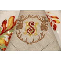 Antler Thanksgiving Napkin Set, White Tail Deer Embroidery, Autumn Colors, Embroidered Napkin, Monogram Masculine Decor | Etsy (US)