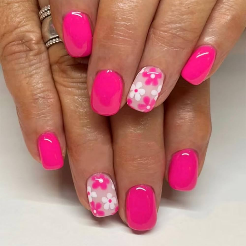 Hot Pink Press on Nails Short Square Fake Nails with Flower Designs White Daisy False Nails Sprin... | Amazon (US)