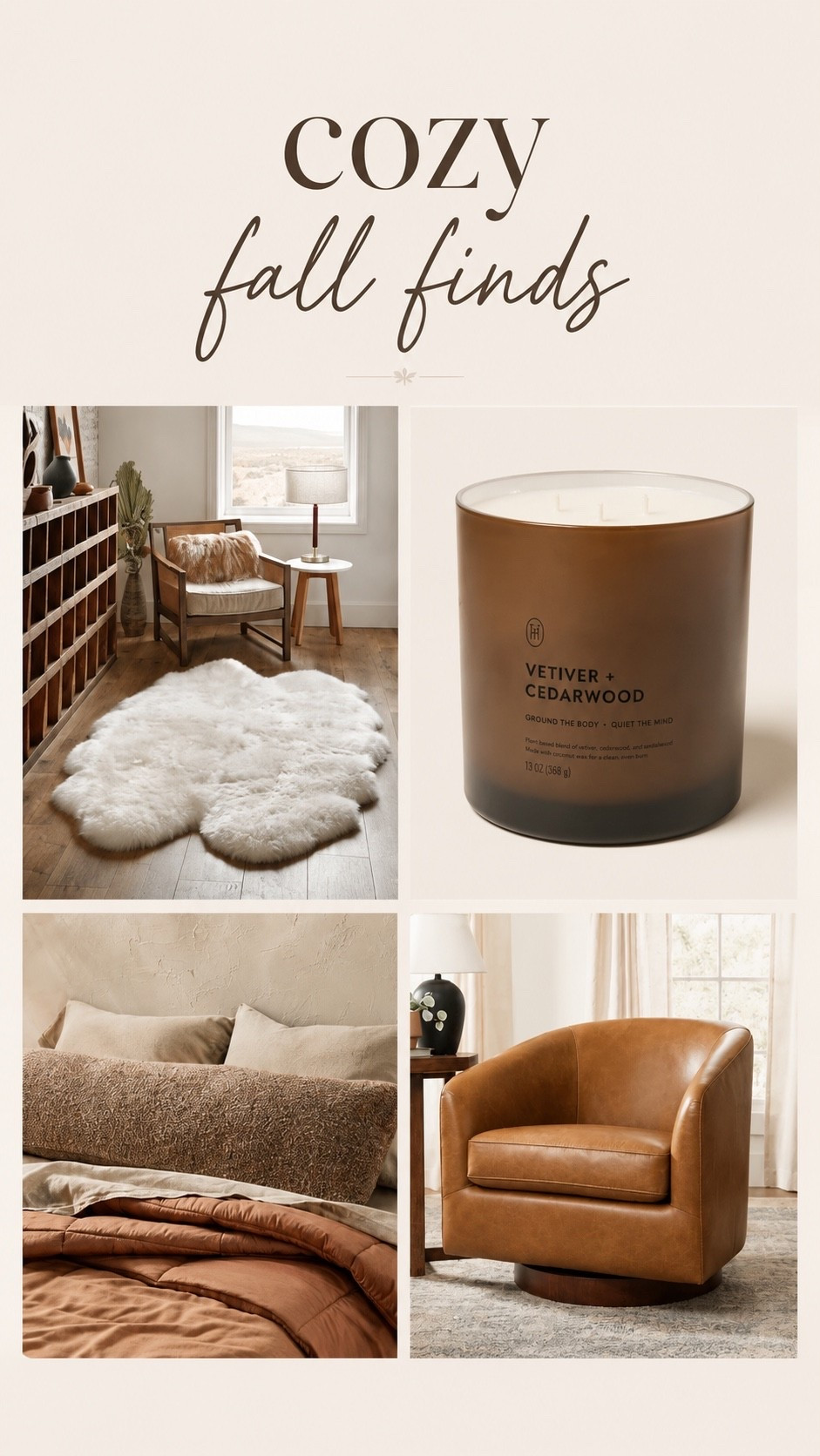Cozy Fall Finds for the Home

A few cozy fall finds I’m loving right now. Warm textures, rich caramel tones and simple pieces that make your home feel instantly more inviting for fall. That swivel chair is especially good, and the $6 candle is such a steal.

Shop all four finds here.