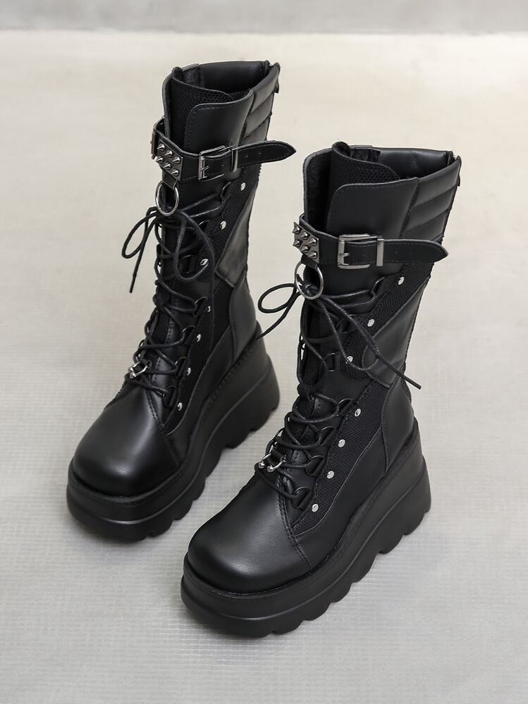 ROMWE Grunge Punk Women's Black Punk Buckled Solid Color Boots With Buckled Decorations And Front Lace-Up Fall For Christmas And New Year Holiday Valentines Spring Shoes | SHEIN