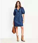Chambray Bow Mini Pocket Dress | LOFT
