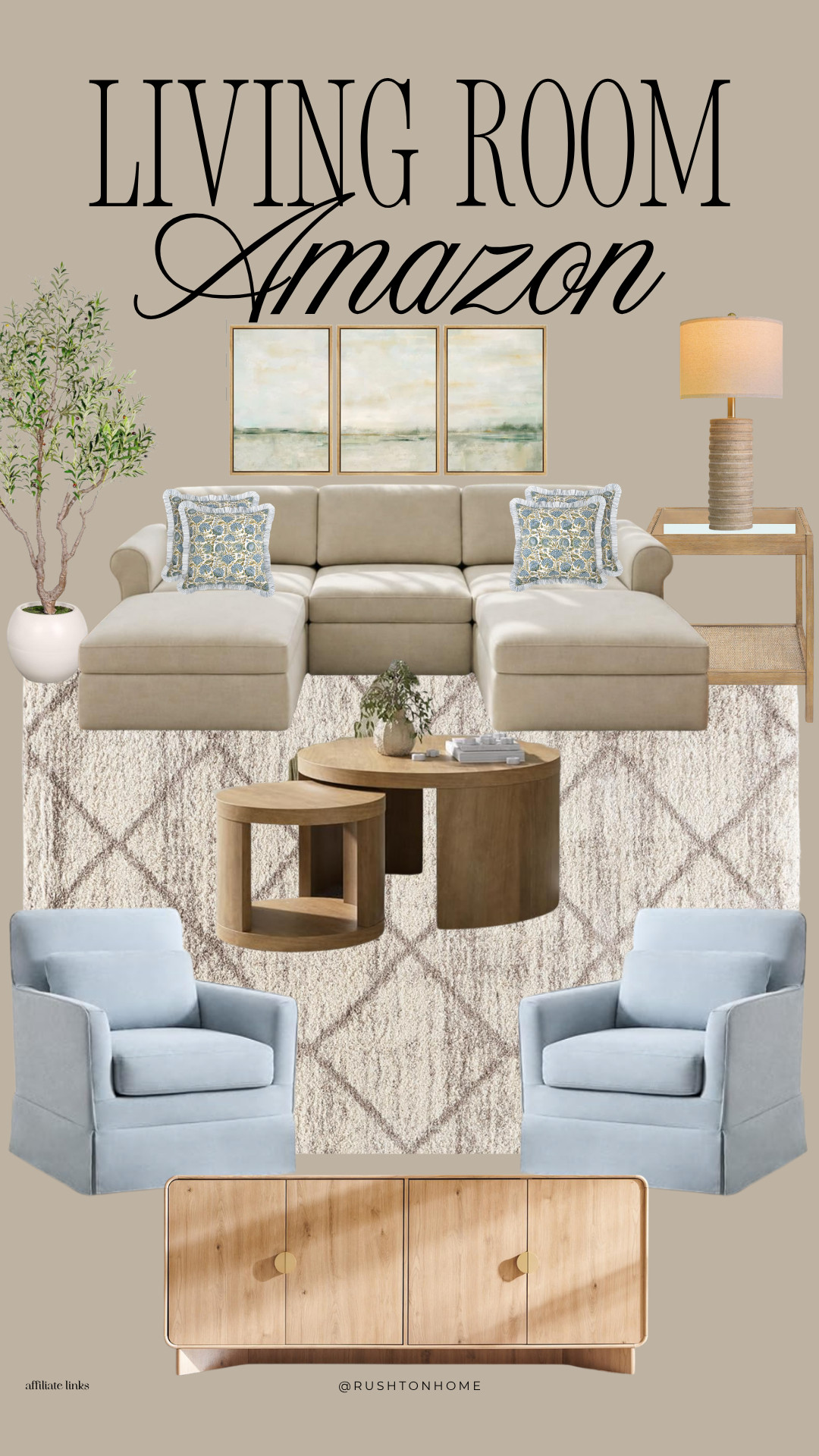 Amazon Living Room Finds, Amazon living room decor, neutral living room, sectional sofa, swivel accent chairs, blue accent chairs, area rug living room, coffee table set, nesting coffee tables, entertainment console, media cabinet, framed wall art, faux olive tree, table lamp decor, throw pillows blue and white, neutral home styling, cozy living room ideas, organic modern decor, Amazon furniture finds, affordable living room furniture, living room inspiration 

 #LTKSeasonal #LTKHome