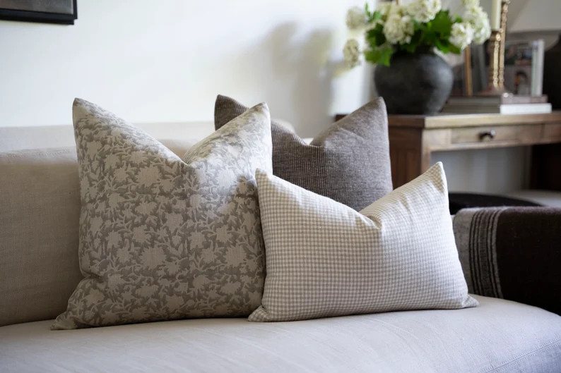 GRACE Designer Gray Floral Pillow Cover Block Print Pillow Muted Gray Pillow Farmhouse Pillow Spr... | Etsy (US)