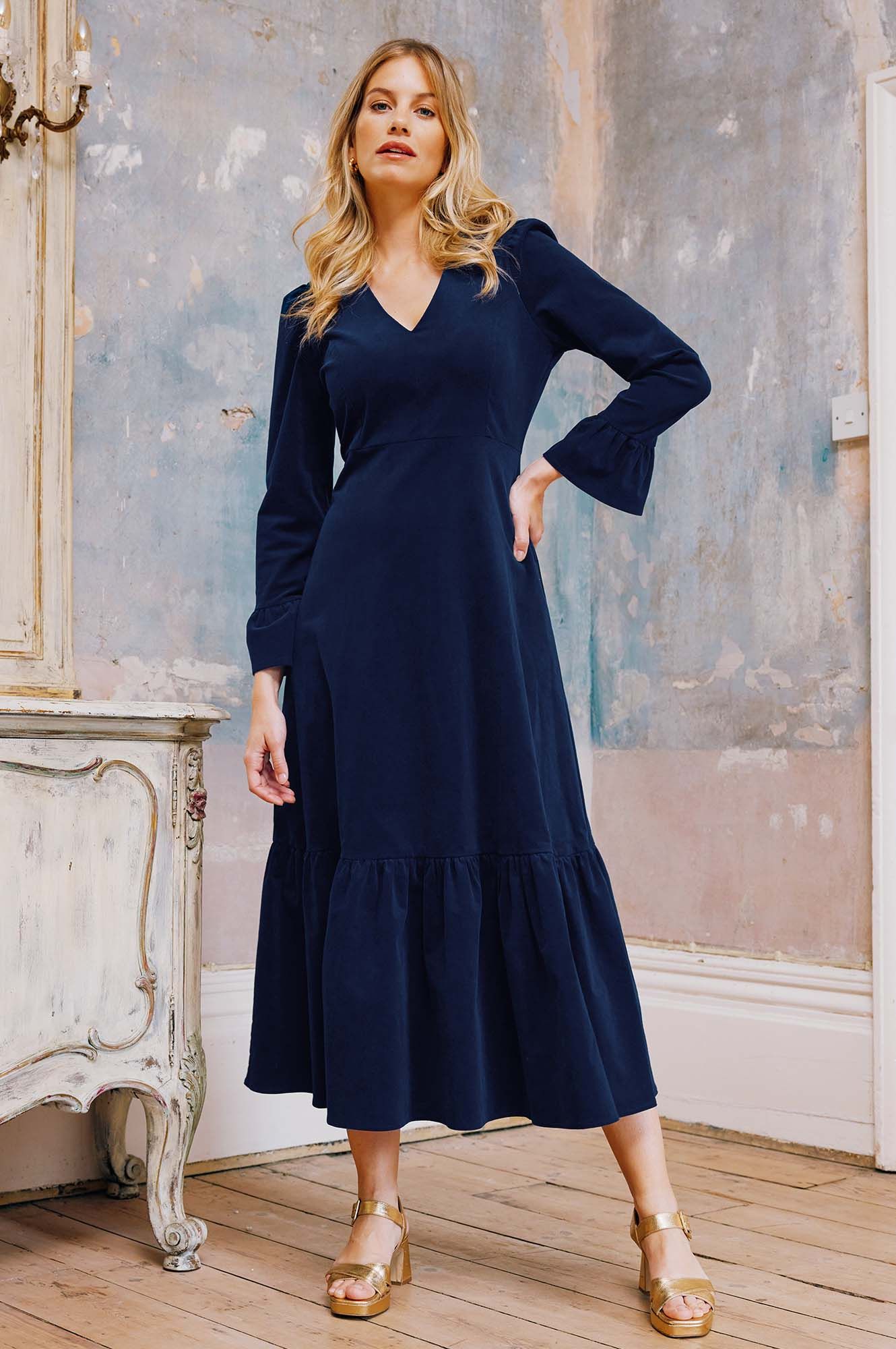 Victoria V-Neck Long Sleeve Stretch Corduroy Dress | Atlantic Blue | Aspiga