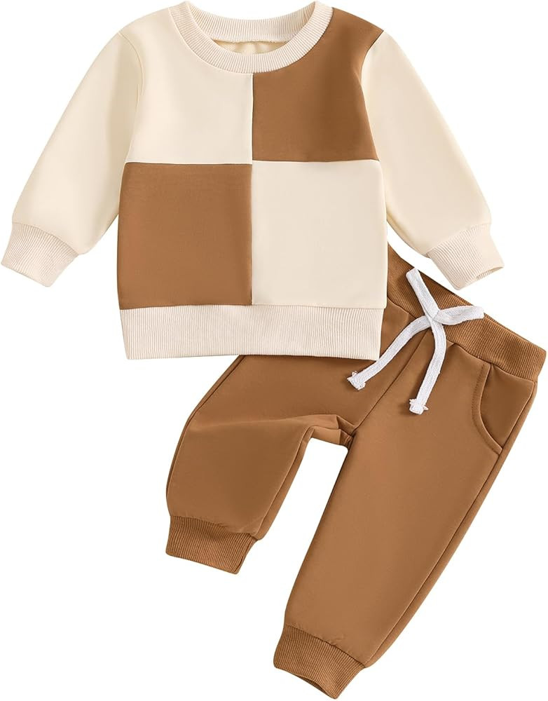 Toddler Baby Boys Fall Winter Outfits Checkerboard Patchwork Long Sweatshirt Pullover Pants Infan... | Amazon (US)