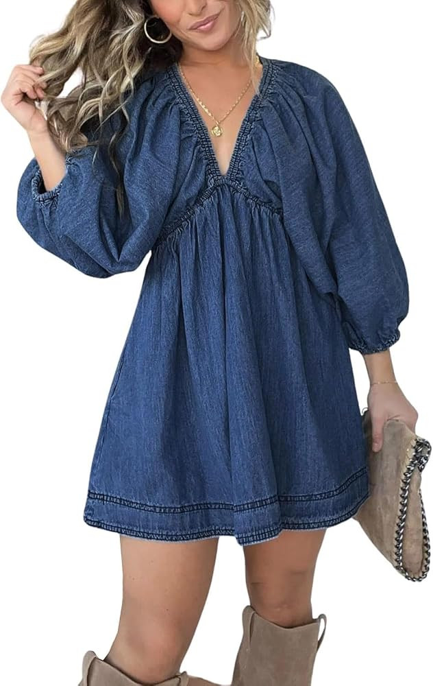 yoeasy Women's V Neck Denim Dress Casual Puff Sleeve Swing Ruffle Flowy A Line Mini Jean Babydoll... | Amazon (US)
