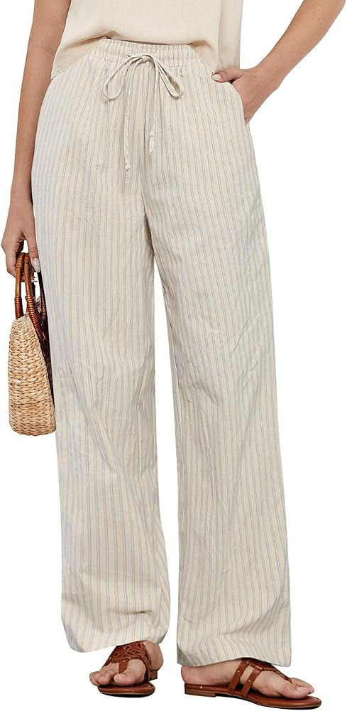 GRAPENT Striped Pants for Women High Waisted Wide Leg Cotton Linen Trendy Beach Pull on Elastic W... | Amazon (US)