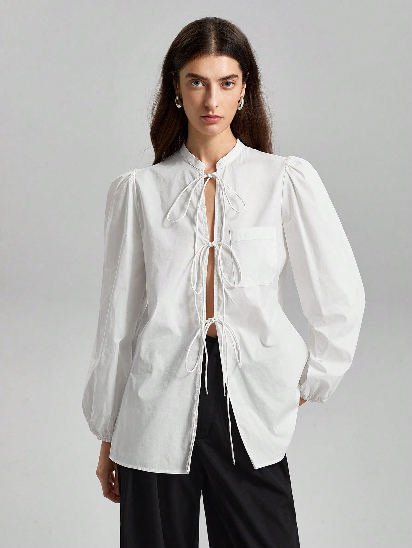 Ontre Women's Solid Color Lantern Sleeve Lace-up Shirt | SHEIN