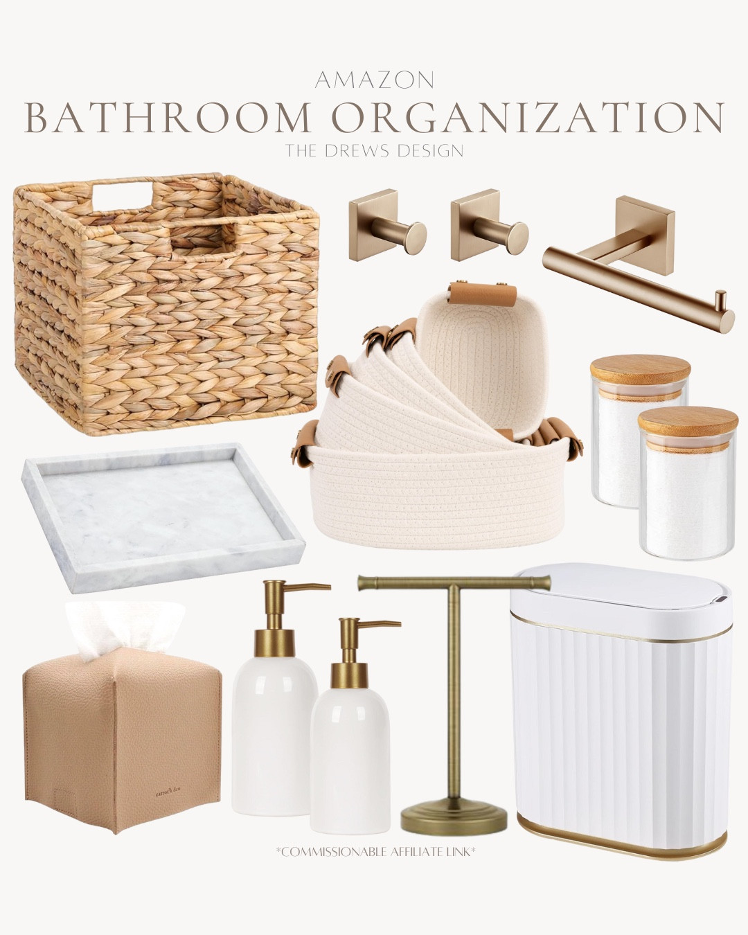 Bathroom organization from Amazon includes towel rack, soap dispenser, trashcan, tissue box holder, tray, storage baskets, canisters, toilet paper roll holder, hooks, and basket.

Home organization, storage solutions, home refresh

#LTKHome #LTKFindsUnder100 #LTKFindsUnder50