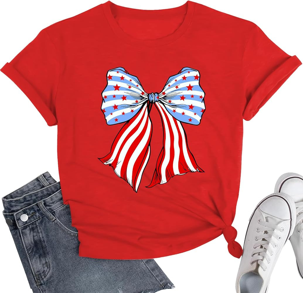 4th of July Shirts Women USA Shirt Patriotic T Shirt American Flag Shirt Bow Holiday Vacation Cas... | Amazon (US)