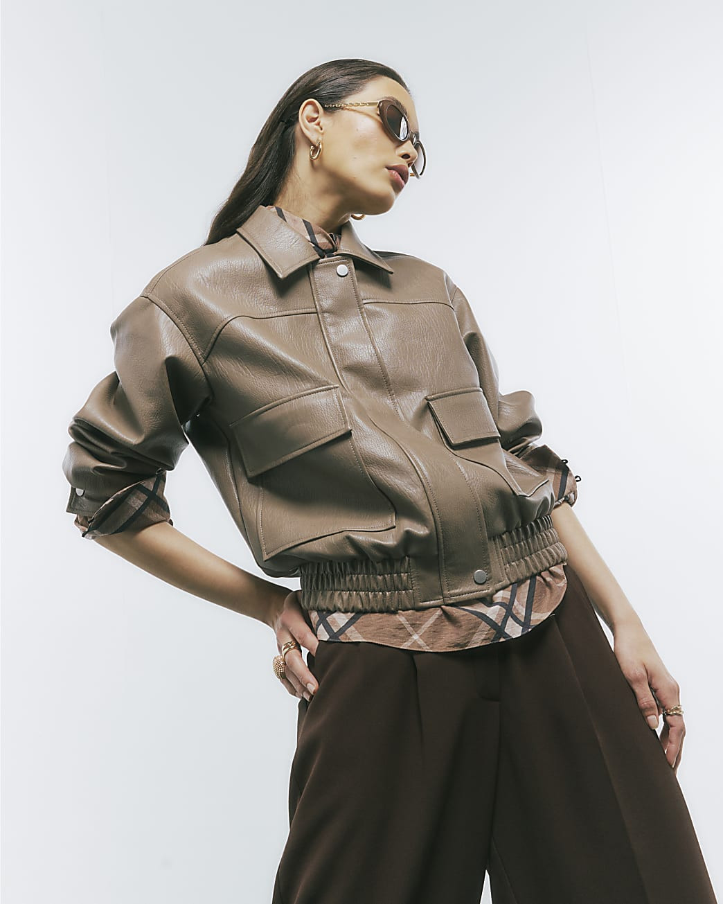 Beige Textured Faux Leather Bomber Jacket | River Island UK & IE