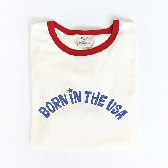 Born in the USA Women's Ringer Graphic Tee, Natural/Red | SpearmintLOVE