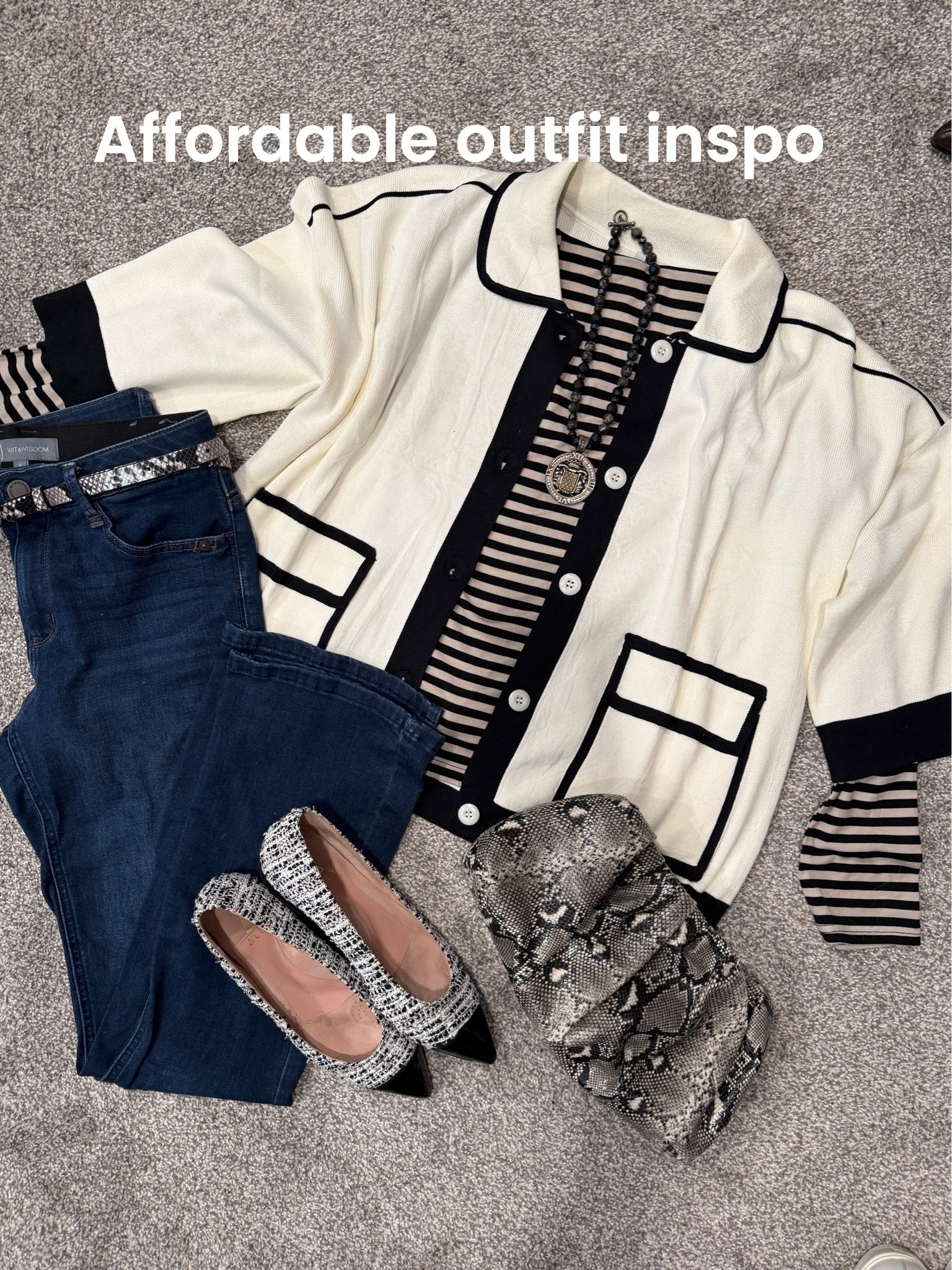 Affordable outfit inspiration 

Great wardrobe builders along with a couple trending pieces.

Black and tan thin striped long sleeve tee (I have it backwards) it has a button up front like a crewneck Henley 
But for this look I needed it to not have the buttons so easy fix by wearing it backwards:) wearing a med

A cute lightweight cardigan jacket with black piping tts med

Dark wash straight leg jeans by Spanx.. tts wearing a medium 
Sale
🚨 save 15% with code Deardarcyxspanx 

Ally tweed and leather cap toe flares 
Add a little texture and a classic piece you’ll wear year after year! 

Snakeskin belt and clutch silver hoops

Necklace by French Kande I can’t link sorry

#LTKOver40 #LTKootd #LTKSaleAlert