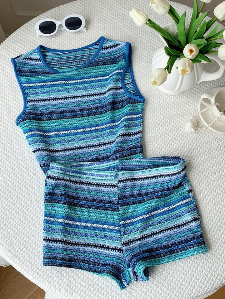 Comfortcana Women's Summer Vacation Blue Striped Hollow-Out Knit Tank Top And Shorts Set | SHEIN