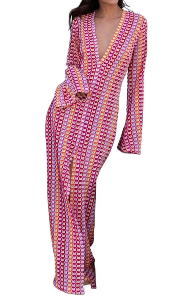 Crochet Colorful Stripe Maxi Y2k Sexy Dress Women's Dress Lace Hollow V-Neck Slit Beach Knitted D... | Amazon (US)