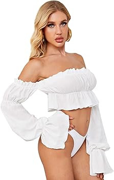 SheIn Women's Off Shoulder Puff Long Sleeve Crop Tops Ruffle Ruched Frill Sexy Blouse | Amazon (US)
