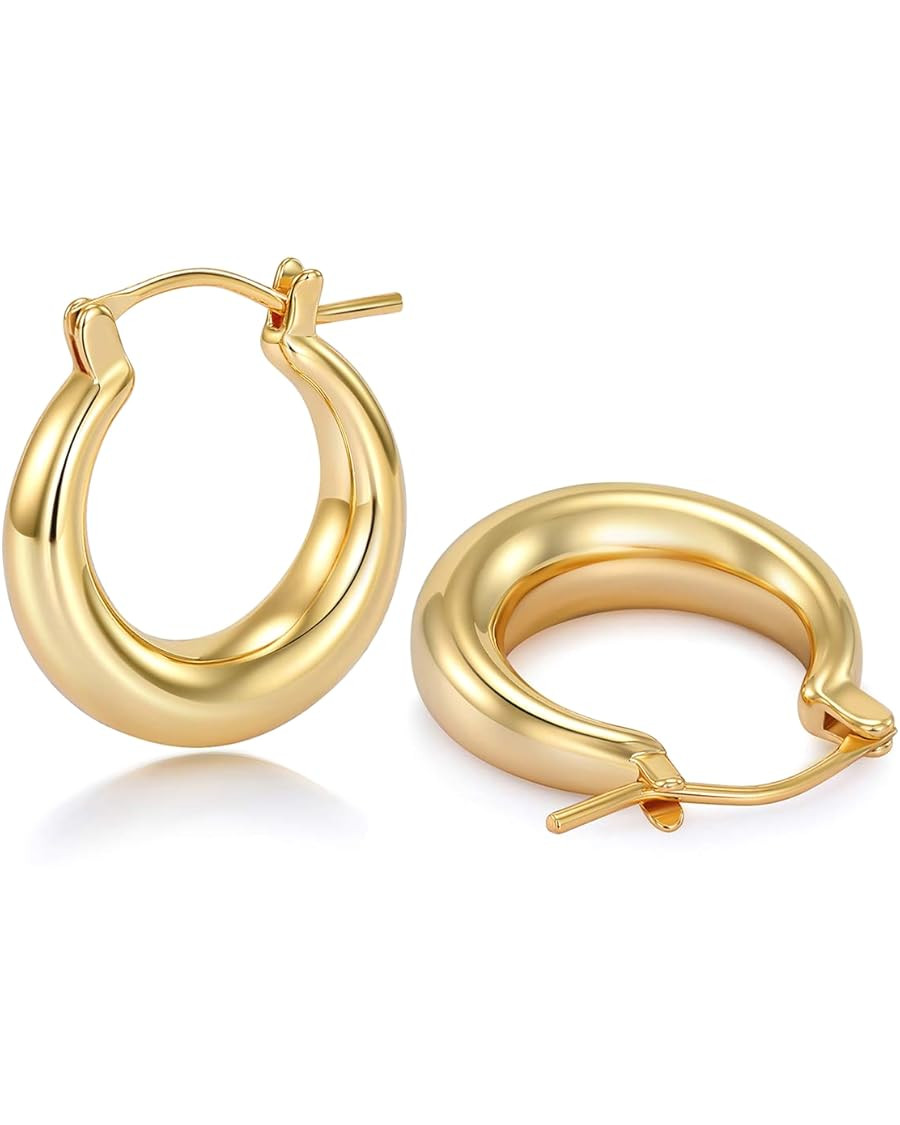 sovesi Chunky Gold Hoop Earrings for Women with 925 Sterling Silver Post, 14K Gold Plated Small T... | Amazon (US)