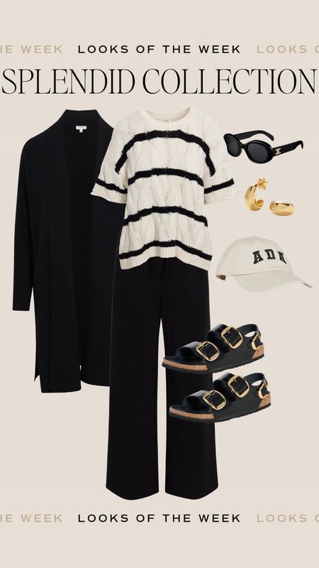 Splendid x cellajane layer look with black and cream stripe sweater, cardigans fan, and wide leg pants  