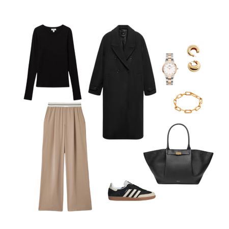 Spring Style, Transitional Style, Outfit Inspiration, Black Wool Coat, Beige Trousers, Black Top, Adidas Trainers, Demellier Tote Bag, Gold Jewellery  

#LTKeurope #LTKstyletip #LTKSeasonal