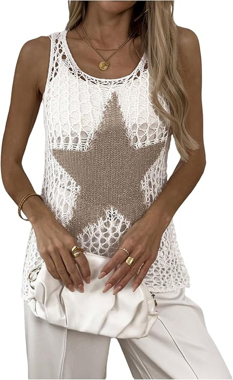 SOLY HUX Women's Crochet Cover Up Top Star Graphic Sleeveless Hollow Out Knit Tank Tops Swimsuit ... | Amazon (US)
