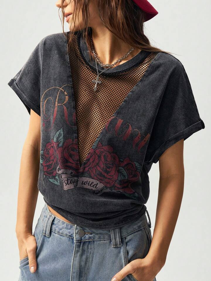 Bohemela Women's Washed Solid Color Western-Inspired Knitted Crew Neck T-Shirt, Summer | SHEIN