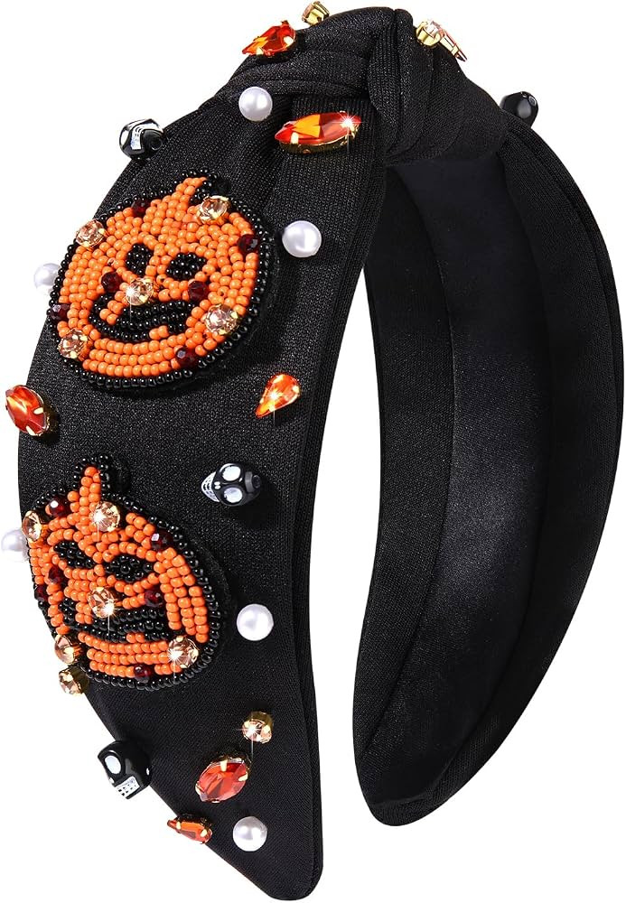 boderier Halloween Headband Beaded Spooky Pumpkin Knotted Headband Pearl Crystal Embellished Wide... | Amazon (US)