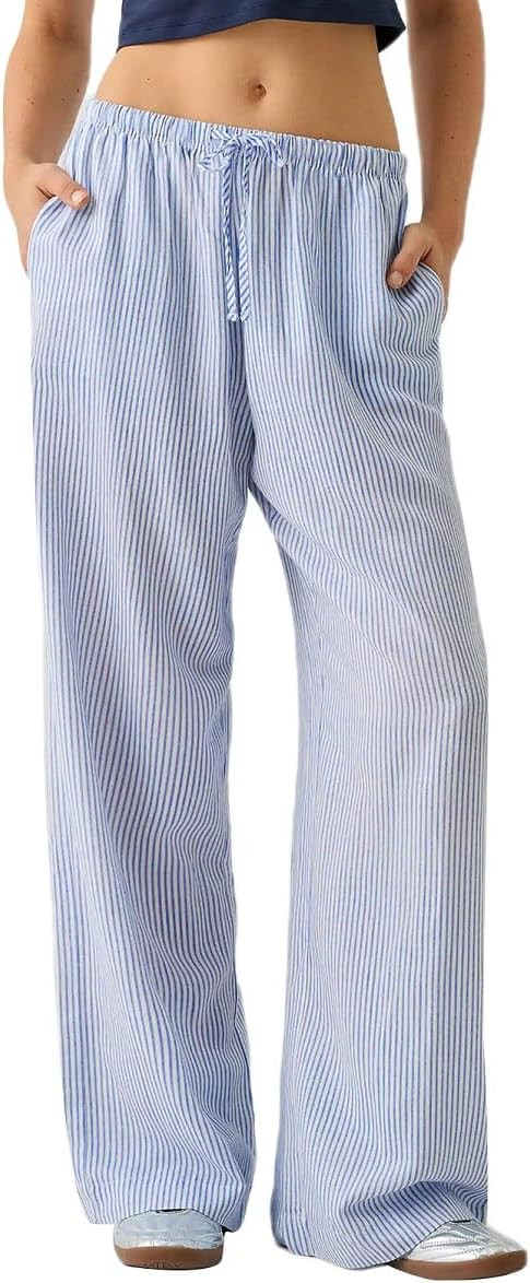 Lordree Women Drawstring Striped Pants High Waist Wide Leg Lounge Pants Casual Relaxed Fit Pajama... | Amazon (US)